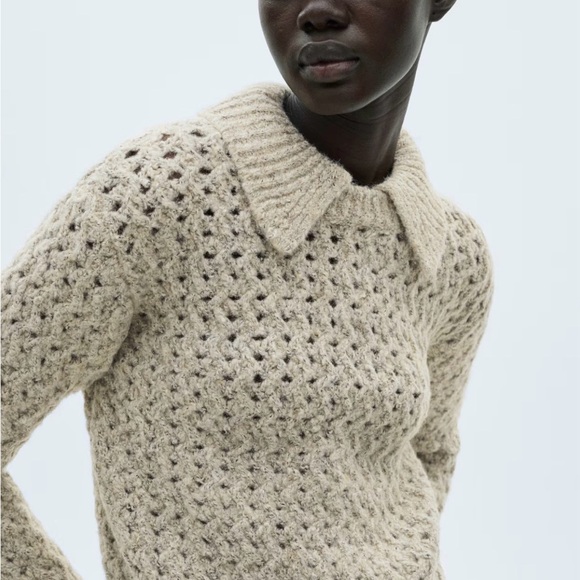 Mango Sand Open-Knit Collared Sweater - Picture 3 of 5